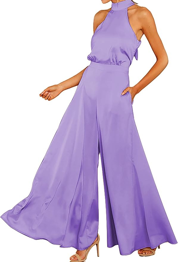 S・DEER Womens Sleeveless Halter Tied Jumpsuit with Pockets High Waist Wide Leg Pants for Women | Amazon (US)