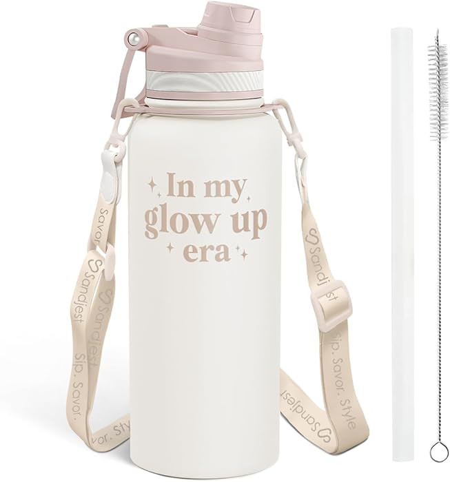 SANDJEST Inspiration Stainless Steel Water Bottle with Strap 32oz, Insulated Bottles with Straw a... | Amazon (US)