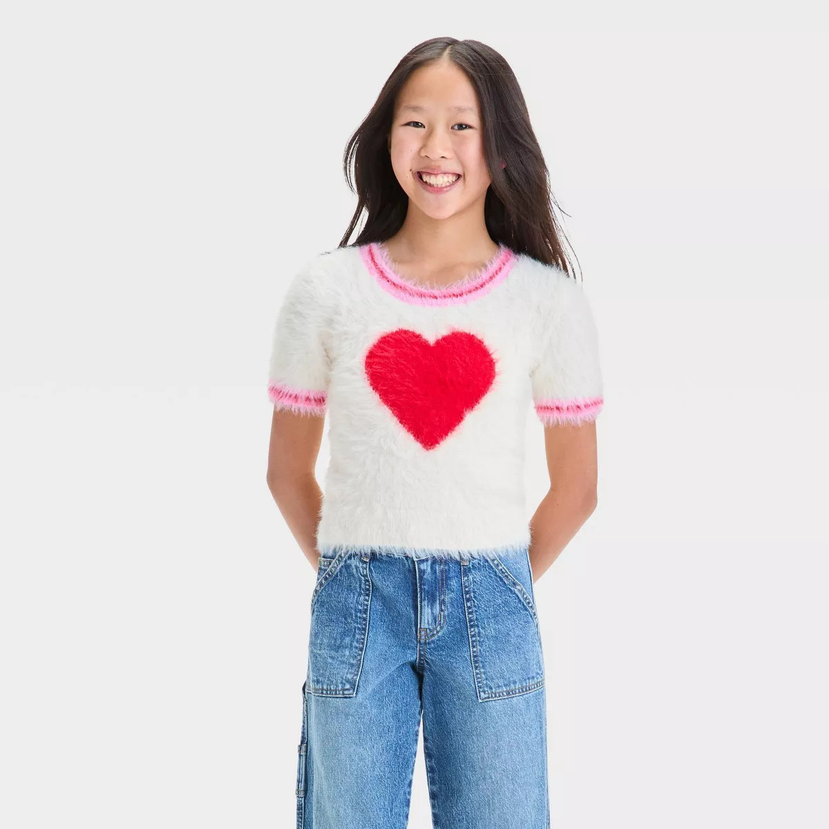Girls' Fuzzy Heart Pullover Sweater - art class™ Ivory | Target