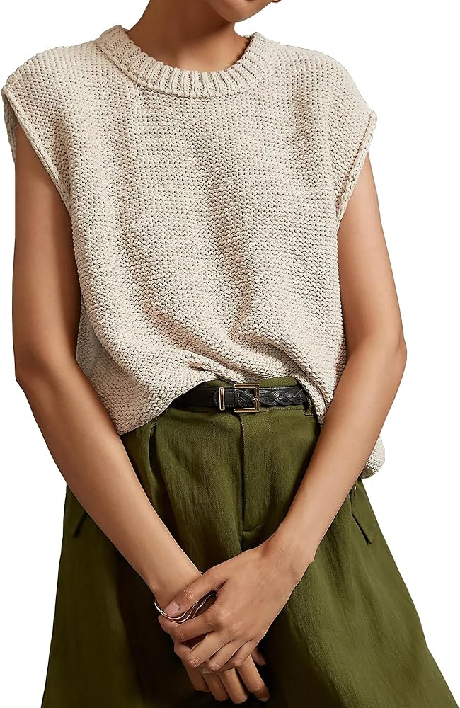 Locachy Women's Vintage Crew Neck Sweater Vest Casual Cropped Sleeveless Knit Pullover Top | Amazon (US)