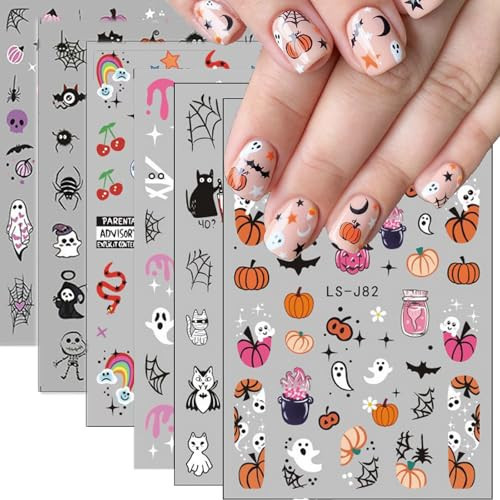 Halloween Nail Art Stickers Decals Cute Ghost Halloween Nail Stickers 6PCS Pumpkin Bat Ghost Skull 3D Self-Adhesive Halloween Nail Art Decorations DIY Manicure Accessories for Women Girls (Halloween) | Amazon (US)