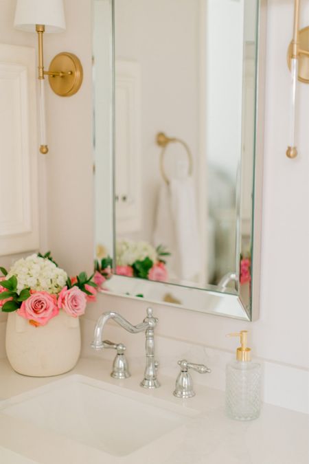 Guest bathroom vanity lighting mirror chrome widespread faucet 

#LTKHome #LTKSaleAlert #LTKFindsUnder100