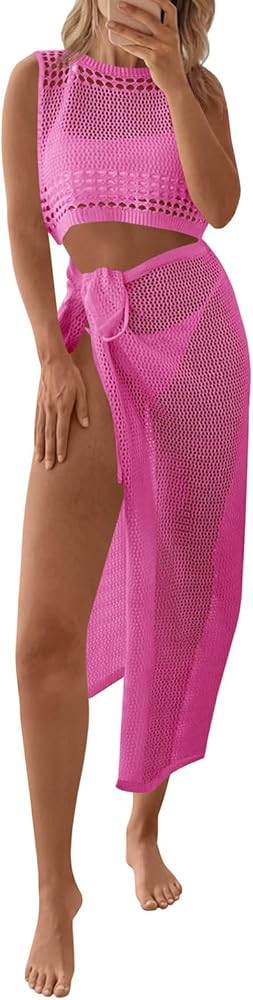 Fisoew Womens Crochet Swim Cover Ups 2 Piece Sleeveless Crop Tops Beach Wrap Skirt Hollow Out Boh... | Amazon (US)