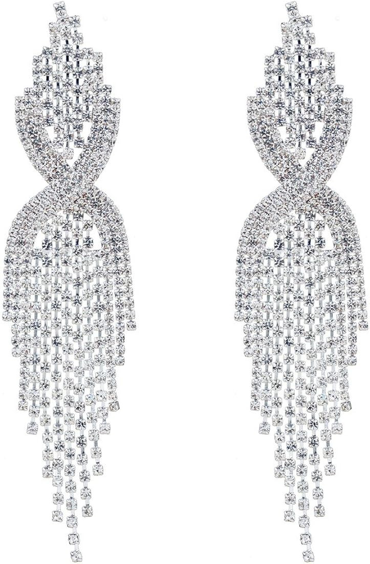 CHRAN Silver Teardrop Crystal Long Tassels Dangle Earrings Sparkling Rhinestone Ladies Gifts | Amazon (US)