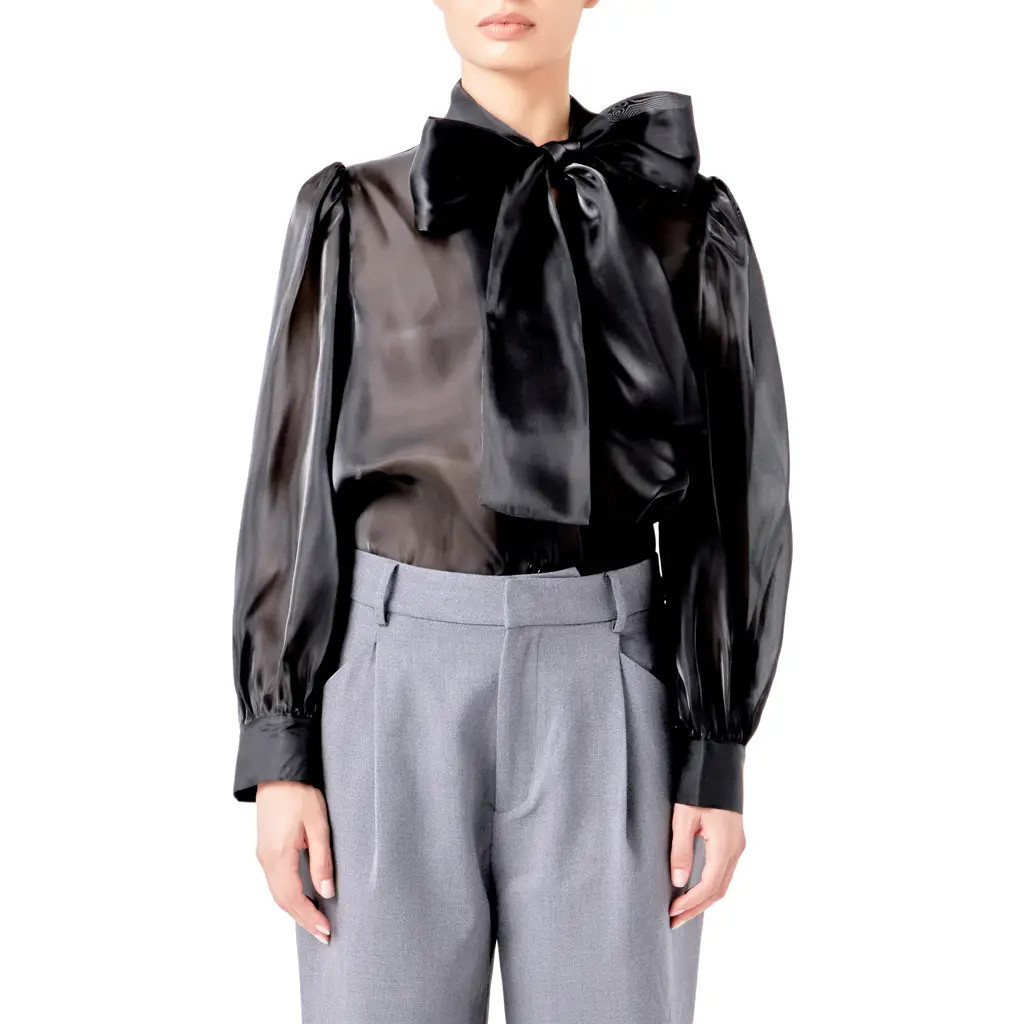 Endless Rose Organza Bow Tie Shirt in Black at Nordstrom, Size X-Small | Nordstrom