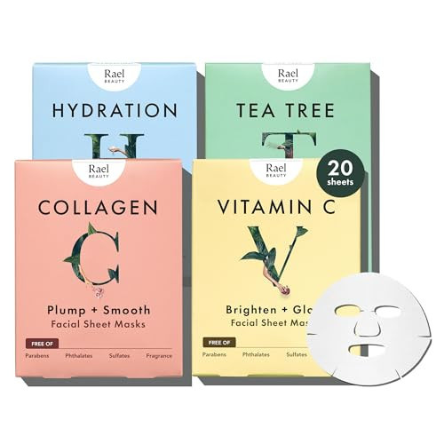 Rael Face Mask Skin Care, Bamboo Facial Mask Sheet Set - Variety Pack, Korean Skincare, All Skin Types, Gift Set (5 Hydration, 5 Vitamin C, 5 Collagen, 5 Tea Tree, 20 Sheets) | Amazon (US)