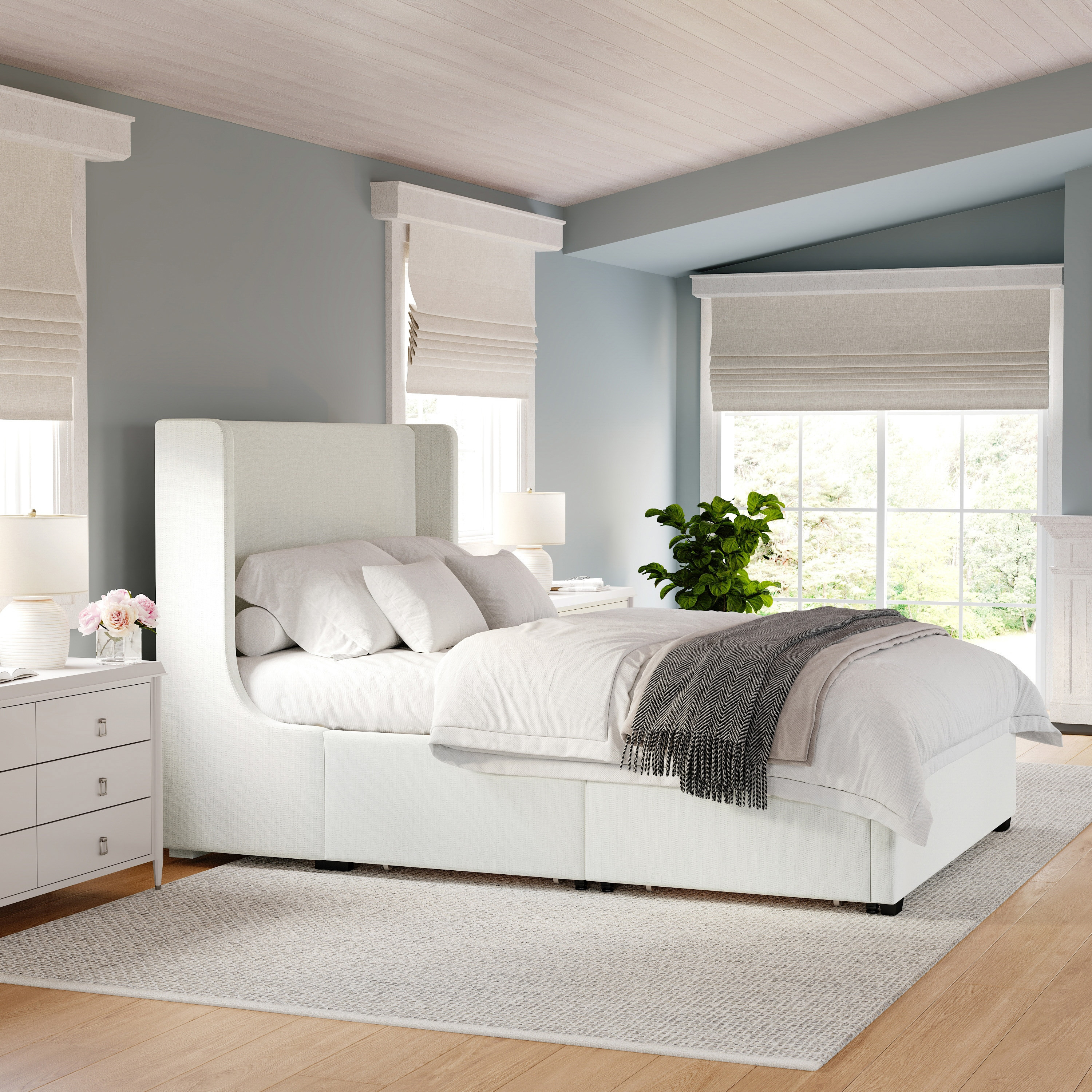 Martha Stewart Kian Queen Upholstered Platform Bed with Wingback Headboard and 4 Side Storage Drawers- Wood Slat Foundation- No Box Spring Needed | Lowe's