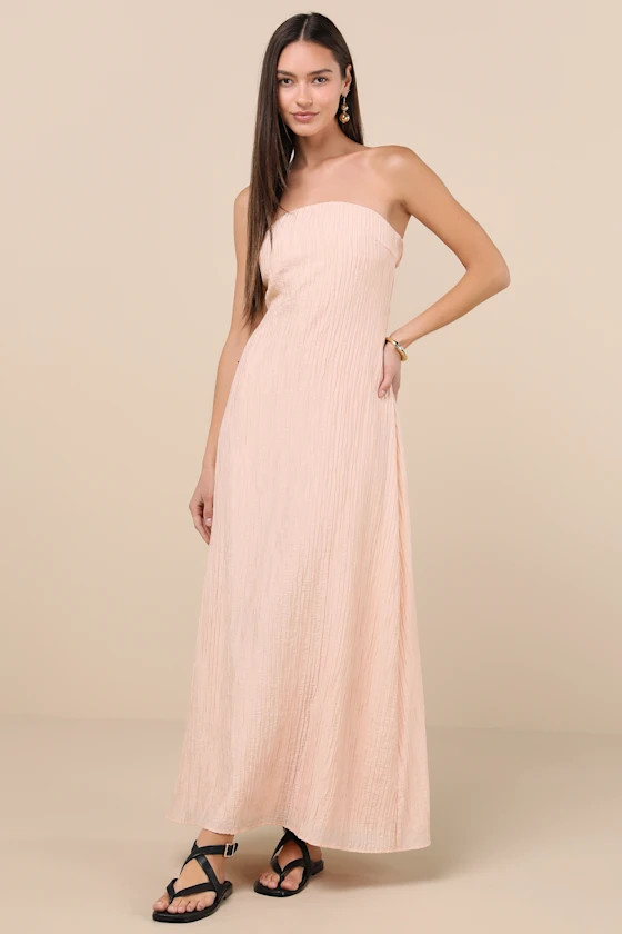 Radiant Season Peach Pink Plisse Cutout Strapless Maxi Dress | Lulus