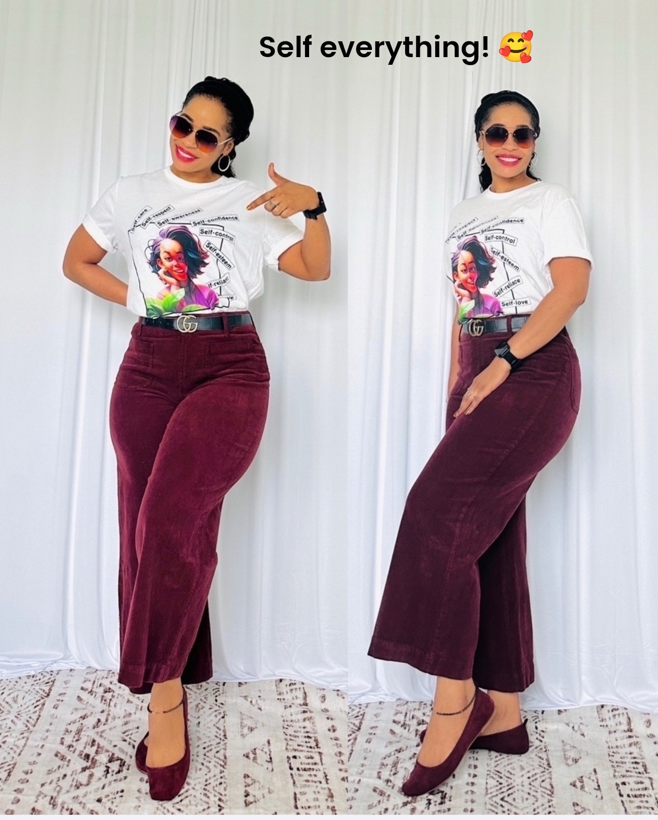 First and foremost: self everything 
Self care
Self respect
Self awareness
Self confidence
Self control
Self esters
Self reliance
Self love

Shirts by Danielle Mb. Available on website: https://www.daniellemb.com/shop