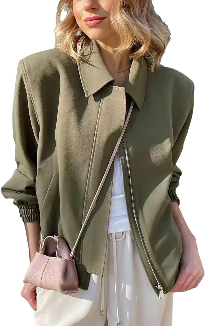 Tiko Miko Womens Casual Lapel Bomber Jacket Lightweight Varsity Jacket Elastic Hem Zipper Front C... | Amazon (US)