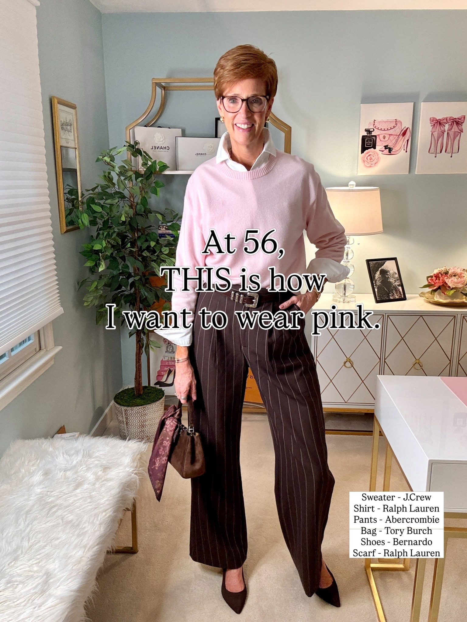 At 56, I don’t want pink to feel precious. I want it to look like this.

Want the links sent to you? Comment PINK and I’ll DM them!

Soft pink cashmere layered over a crisp white oxford, brown pinstripe wide-leg trousers, pointed-toe suede heels and a structured suede bag. The menswear-inspired trousers and rich chocolate brown keep the pink from feeling overly sweet — and make this one of those polished fall outfits I could wear again and again.

And at 6’1”, trousers are always part of the equation for me. These have the long, fluid silhouette I look for, and pairing them with a crewneck cashmere sweater makes the whole outfit feel elevated without being complicated.

This is exactly what I mean when I talk about building a fall wardrobe around pieces that work together: a great cashmere sweater, a white button-down, trousers and brown accessories. Nothing complicated. It’s the combination that makes it interesting.

Would you wear pink with brown? Tell me below — because I think this color combination deserves a lot more attention this fall.

Save this one for your fall outfit ideas, and send it to someone who would wear this combination too.

#FallStyleOver50 #CashmereStyle #TallWomenStyle

#LTKootd #LTKOver40 #LTKTall