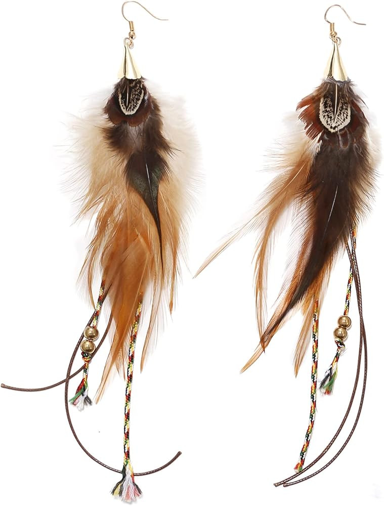 Natural Feather Earrings Bohemian Long for Women Handmade Feather Jewelry Tassel Dangle | Amazon (US)