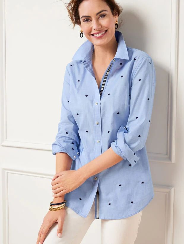 Poplin Button Front Shirt - Embroidered Hearts | Talbots
