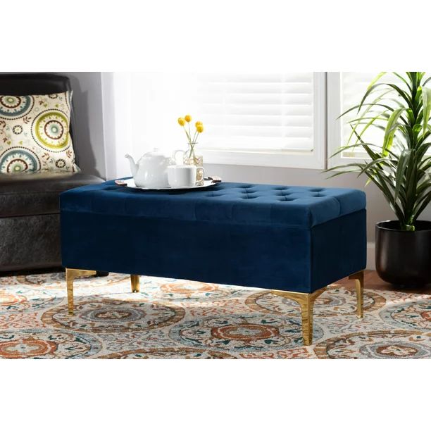 Baxton Studio Valere Glam and Luxe Navy Blue Velvet Fabric Upholstered Gold Finished Button Tufte... | Walmart (US)