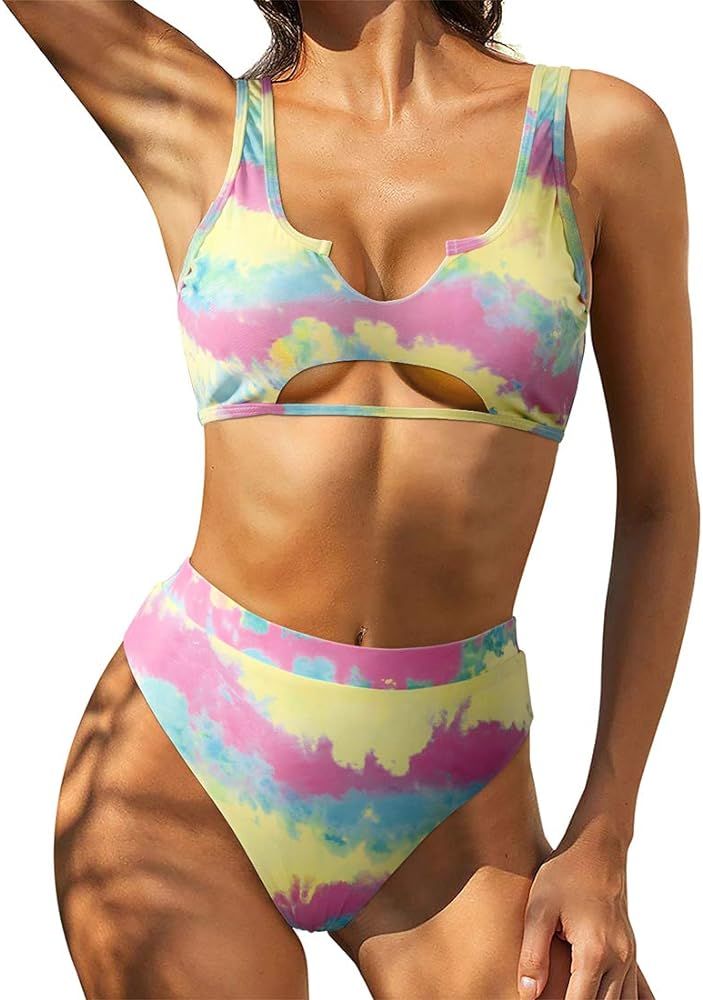 Women Cutout Cheeky High Waisted Tie Dye Sporty 2 Piece Bikini | Amazon (US)
