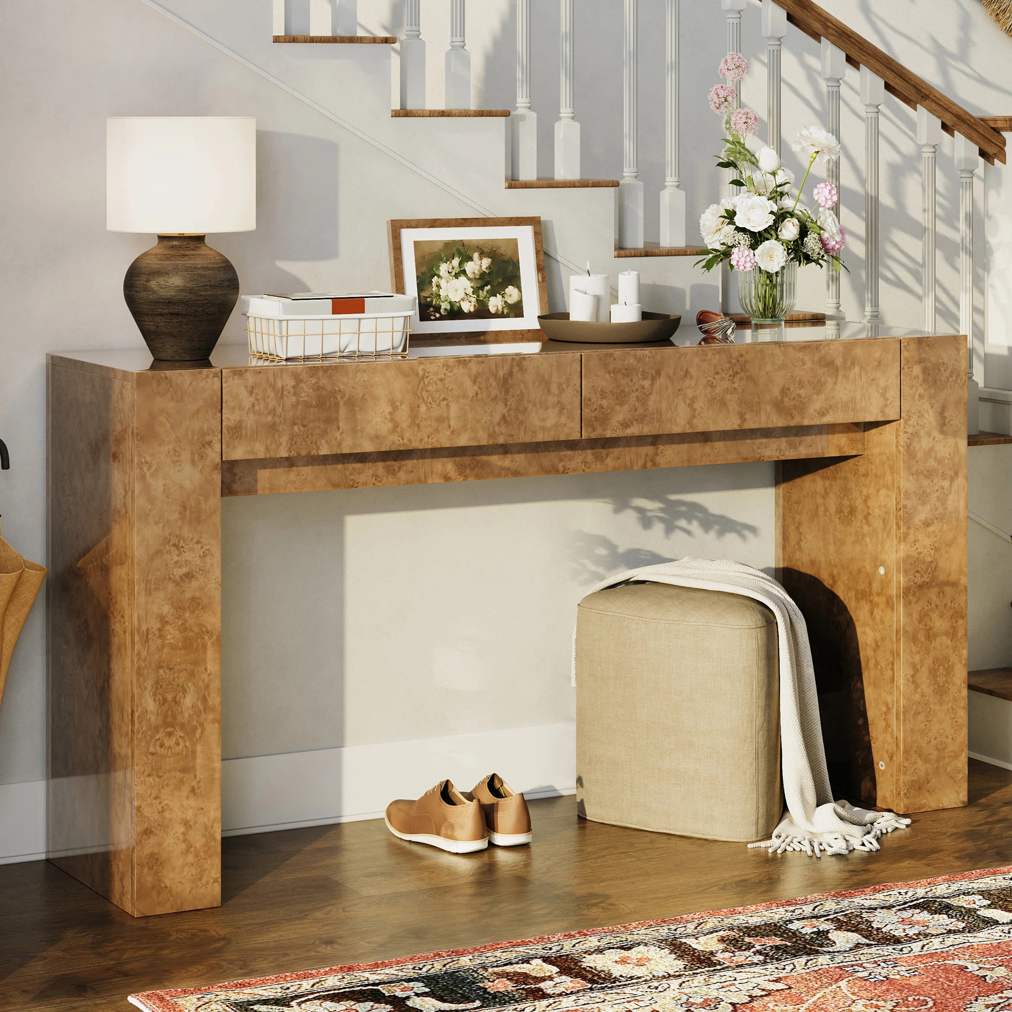 Millwood Pines Dorne 63" Modern High Gloss Burl Wood Console Table with 2 Drawers & Reviews | Wayfair | Wayfair North America