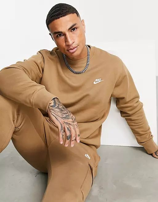 Nike Club Fleece crew neck sweatshirt in dark sand | ASOS (Global)