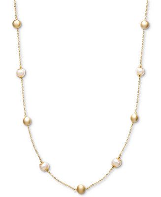 Cultured Freshwater Pearl (8mm) and Bead Station Necklace in 18k Gold over Sterling Silver | Macys (US)