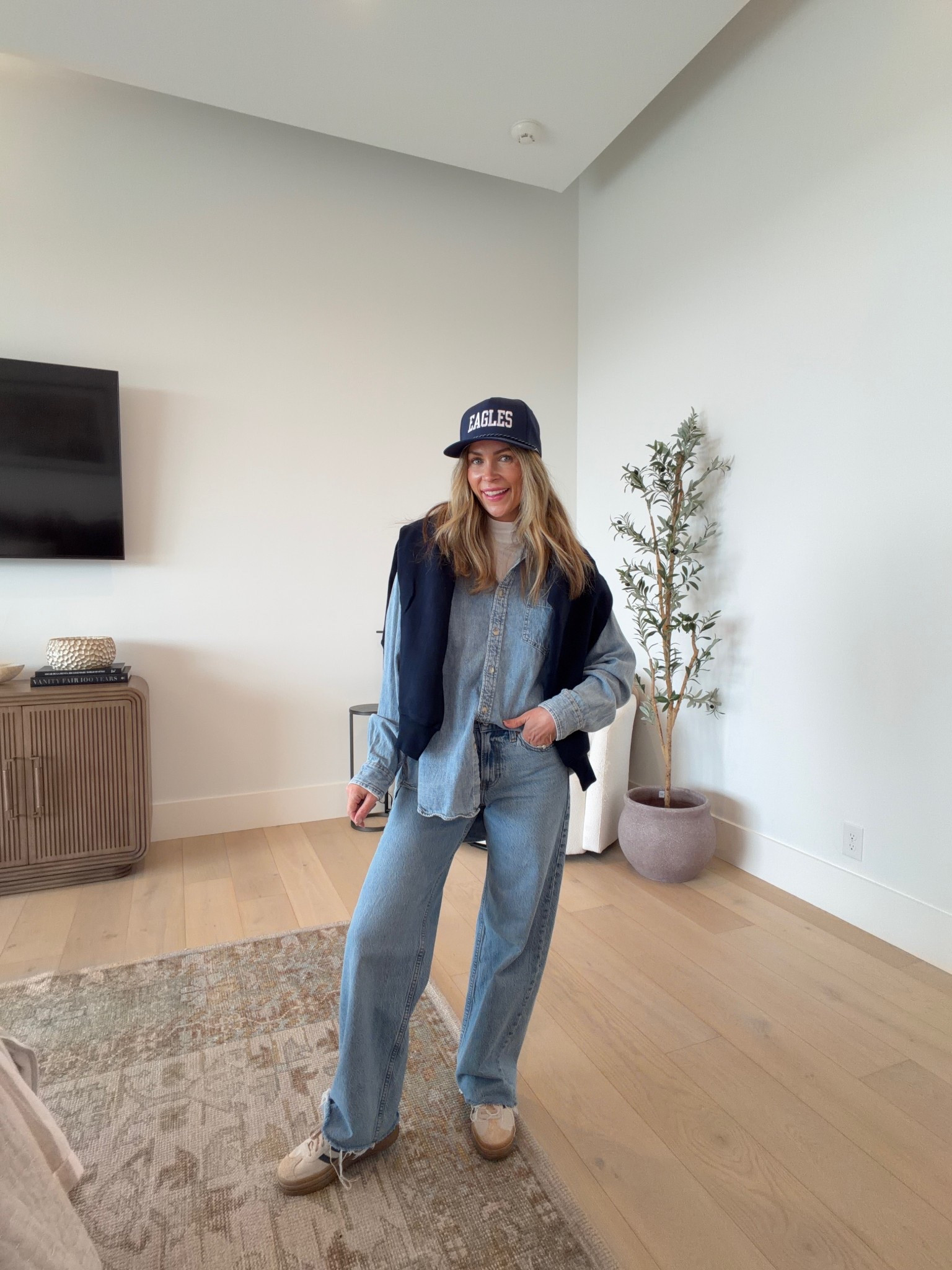 Today’s outfit Denim on denim! 
Aritzia denim button down size small 
Aritzia jeans size 25/0
Aritzia pullover size small
Adidas sneakers 

#LTKOver40 #LTKmomlife #LTKootd