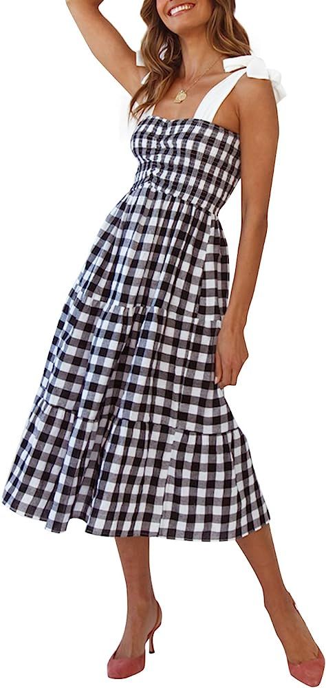 Feditch Women's Striped Adjustable Spaghetti Strap Bow Tie Ruffle Hem Dress | Amazon (US)