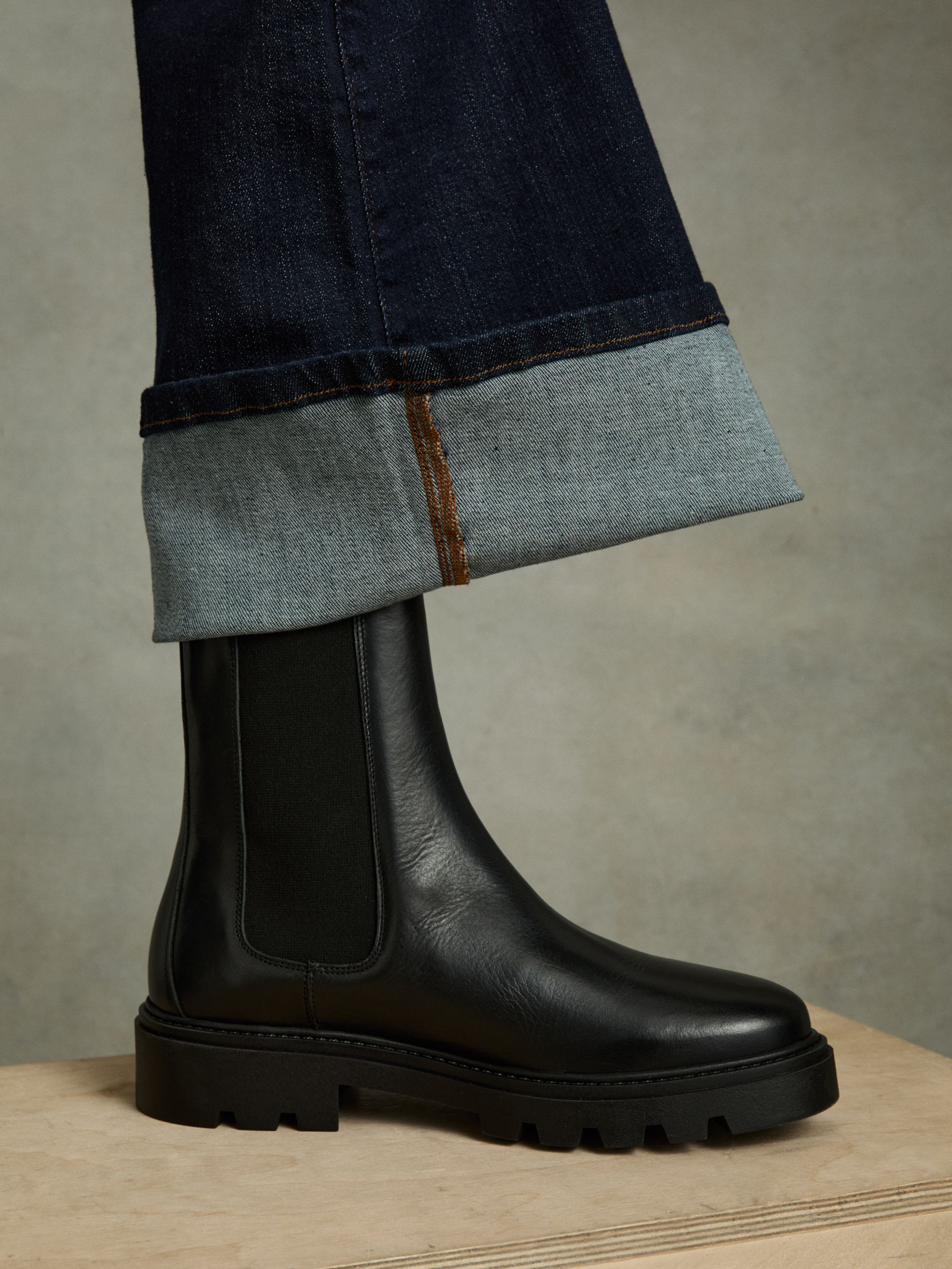 Reiss Leather Cleated Sole Chelsea Boots in Black | REISS | Reiss US