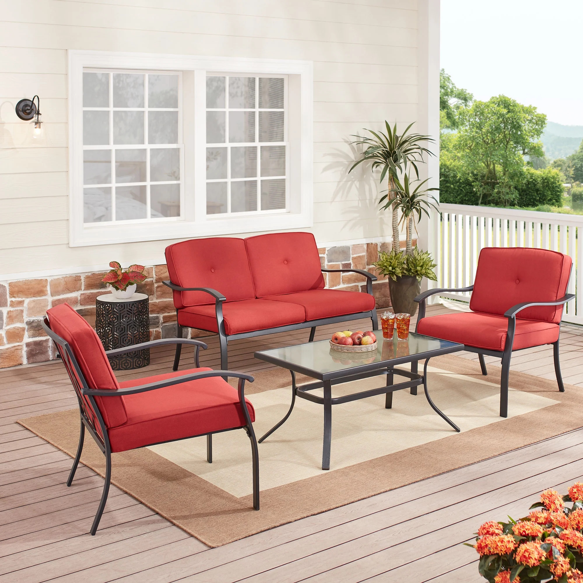 Mainstays Belden Park 4-Piece Outdoor Patio Conversation Set, Red | Walmart (US)