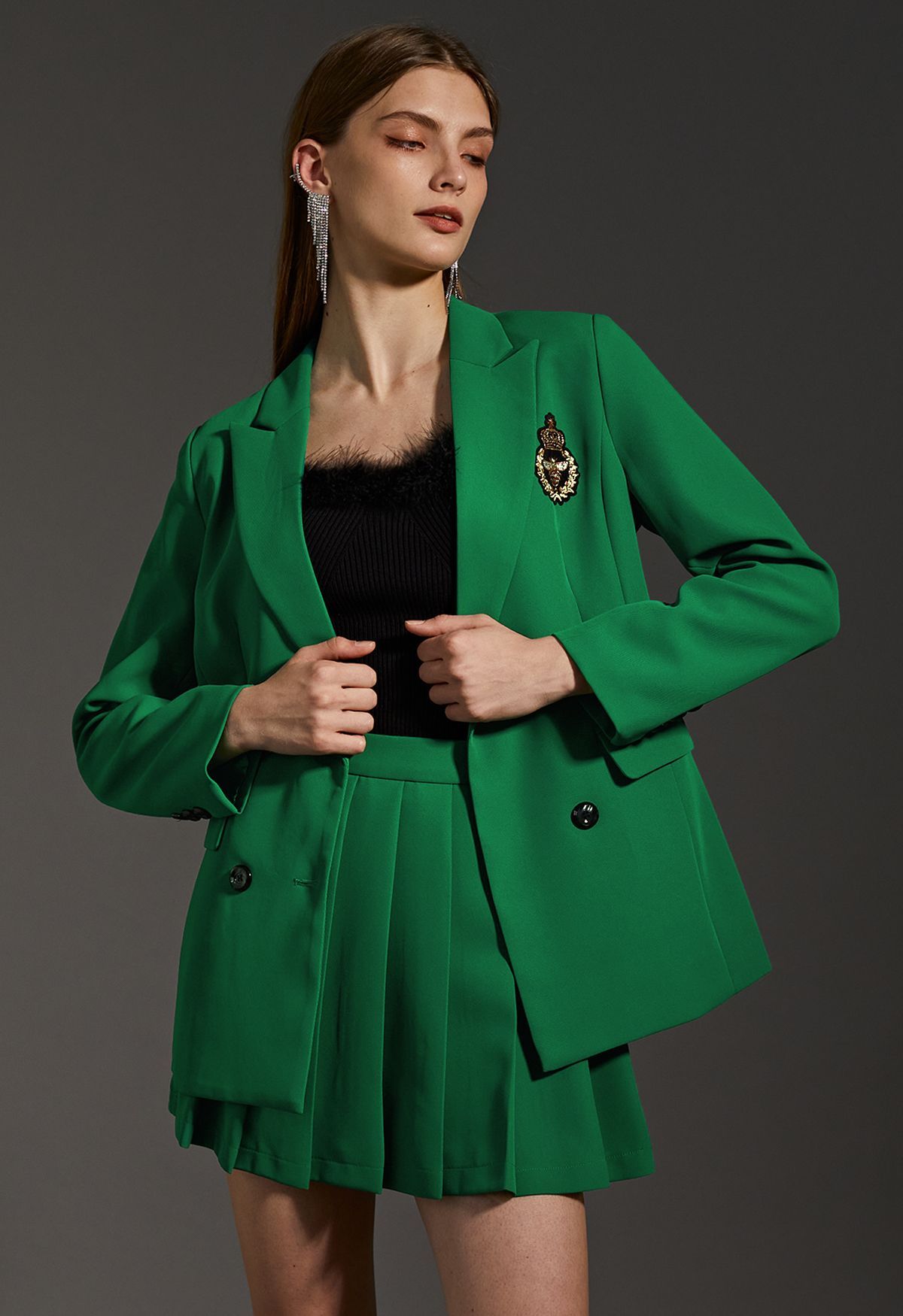 Bee Badge Solid Color Blazer and Skirt Set in Green | Chicwish
