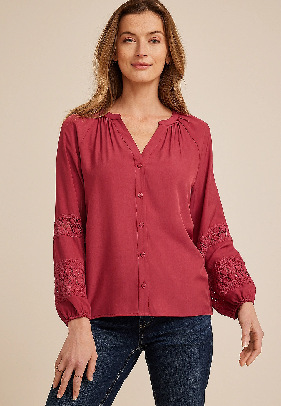 Crochet Sleeve Button Front Blouse | Maurices