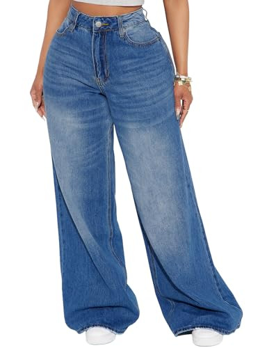 LONGBIDA Wide Leg Jeans for Women High Waisted Baggy Straight Leg Y2k Raw Hem Denim Pants for Women 2024(Blue,XS) | Amazon (US)