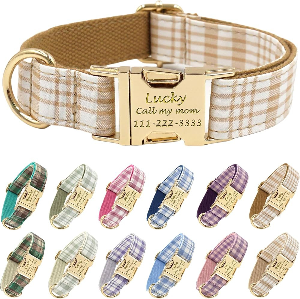 PETDURO Personalized Dog Collar Brown Plaid for Large Medium Dogs | Engraved Name and Phone Numbe... | Amazon (US)