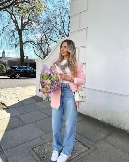 Pop of pink for spring - pale pink blazer, h&m wide leg blue jeans, Nike dunk white trainers, white tank top, Chanel classic flap  

#LTKstyletip #LTKeurope #LTKSeasonal