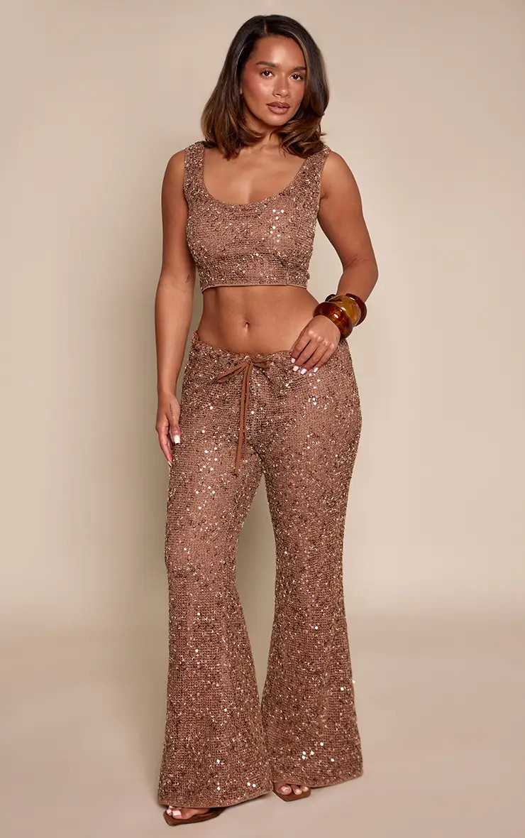 Shape Chocolate Sequin Wide Leg Trouser | PrettyLittleThing UK
