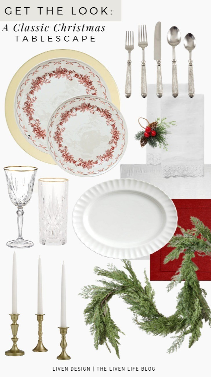 Christmas table. Holiday table. Christmas tablescape. Table setting. Table runner. Christmas dinner plates. Tablecloth. Garland. Flatware. Elegant dining. Glassware. Gold rim glasses. Serving platter. Lace embroidered napkins

#LTKHoliday #LTKSeasonal #LTKHome