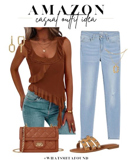 Amazon outfit idea, casual outfit idea, spring outfit idea, brown tank, spring tank, ruffle tank, trendy tank, spring top, neutral top, ruffle top, asymmetrical top, skinny jeans, light wash skinny jeans, tan purse, quilted purse, crossbody purse, tan sandals, studded sandals, slide sandals, spring sandals, layered necklaces, paperclip earrings, gold earrings, gold necklaces 

#LTKfindsunder50 #LTKshoecrush #LTKitbag