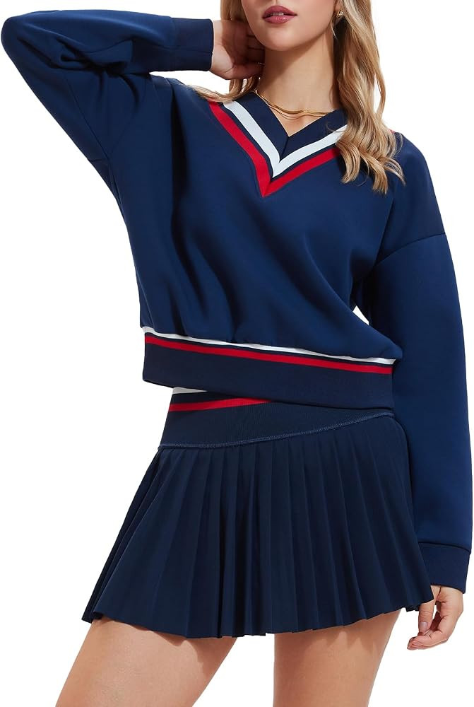 Womens Sweatsuits 2 Piece Set Color Block V Neck Sweatshirts High Waisted Tennis Running Golf Tra... | Amazon (US)