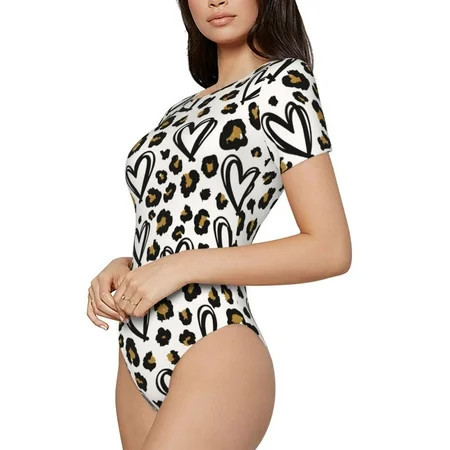 Fotbe Heart Leopard Women s Crew Neck Short Sleeves Bodysuit Tops Round Neck Slim Sleeveless Soft Comfortable Basic-XX-Large | Walmart (US)