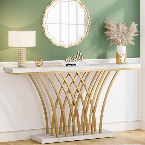 Tribesigns 59 inch Gold Console Table, Modern Entryway Table with Grid-Shaped Metal Base for Entrance, Hallway, Entryway, Living Room(White Faux Marble & Gold) | Amazon (US)