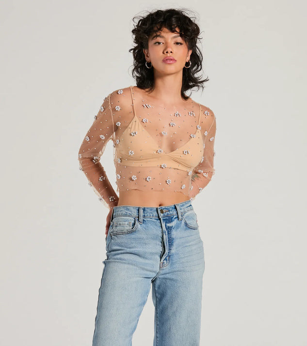Flirty Floral Rhinestone Pearl Sheer Mesh Crop Top | Windsor Stores