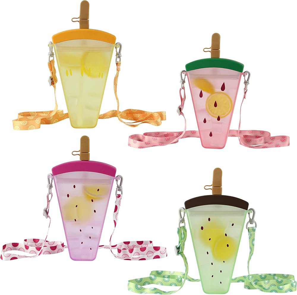 Popsicle Water Bottle with Strap 4 Pack Set - Kids Party Favor Cute Water Bottles No Leak Travel ... | Amazon (US)