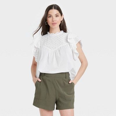 Women's Flutter Short Sleeve Eyelet Top - A New Day™ | Target