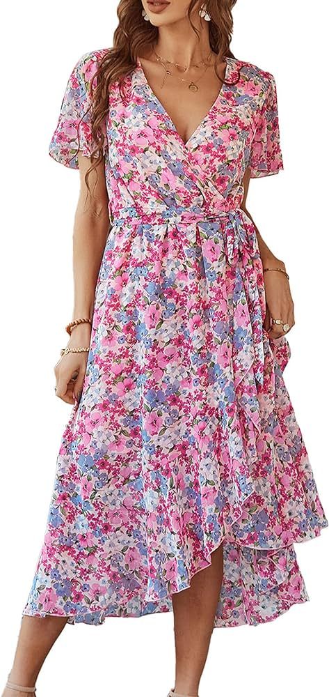 PRETTYGARDEN Women's 2024 Floral Boho Dress Wrap V Neck Short Sleeve Belted Ruffle Hem A-Line Flo... | Amazon (US)