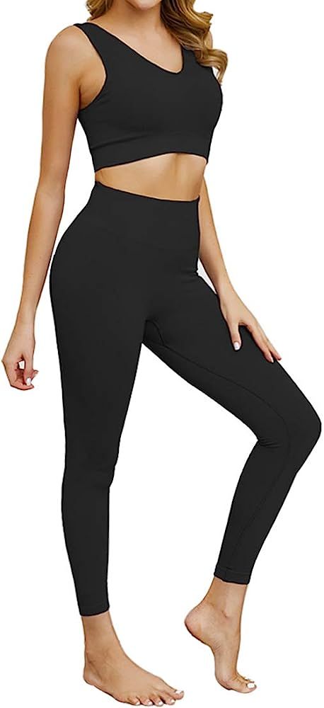 Women 2 PCS Workout Set Seamless Super Soft Material Deep V Neck Bra+Leggings Sports Suit Yoga Outfi | Amazon (US)