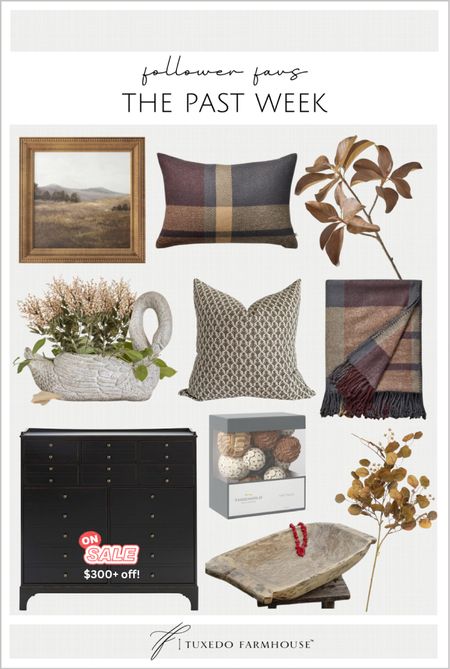 Follower home decor favorites this past week. 

Wall art, fall decor, throws, fall stems, pillows, swan planters, apothecary cabinet, bowl fillers, vintage bowls