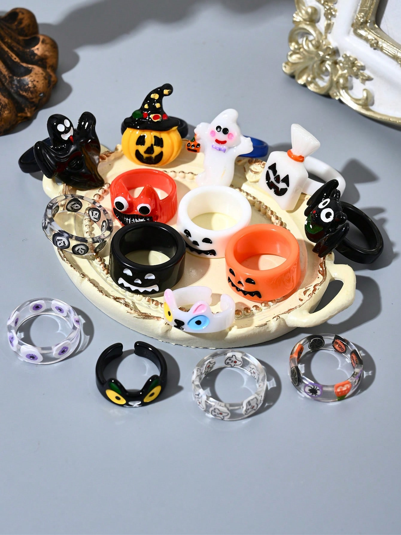 5/15pcs Multi-Color Acrylic Resin Printed Cartoon Ghost, Bat, Pumpkin & Eye Adjustable Rings, Hal... | SHEIN