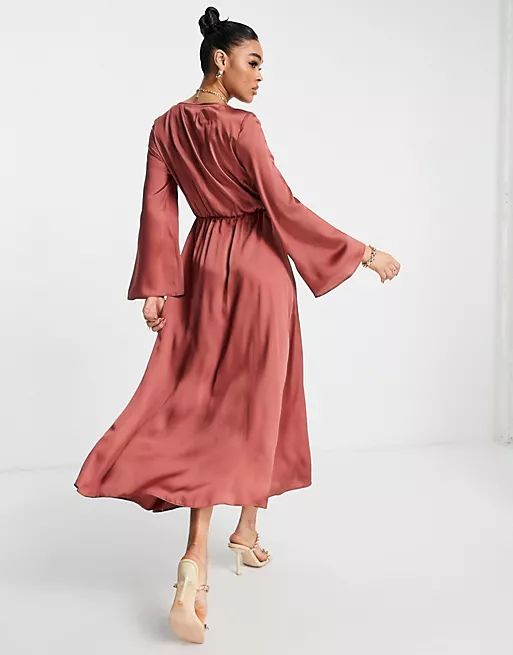 ASOS DESIGN tie front satin midi dress in rust | ASOS (Global)