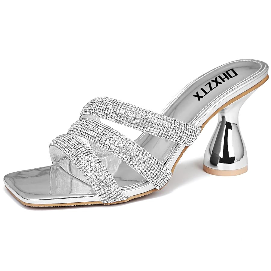 Women's Rhinestone Square Heeled Sandals Slip On Peep Toe Chunky Block Kitten High Heels Mules Sl... | Amazon (US)