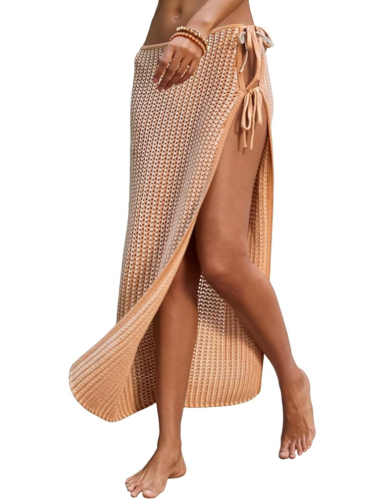 Womens Crochet Cover Up Skirt Knit Side Slit Long Coverups for Sarong Swimwear Beach Wrap | Amazon (US)