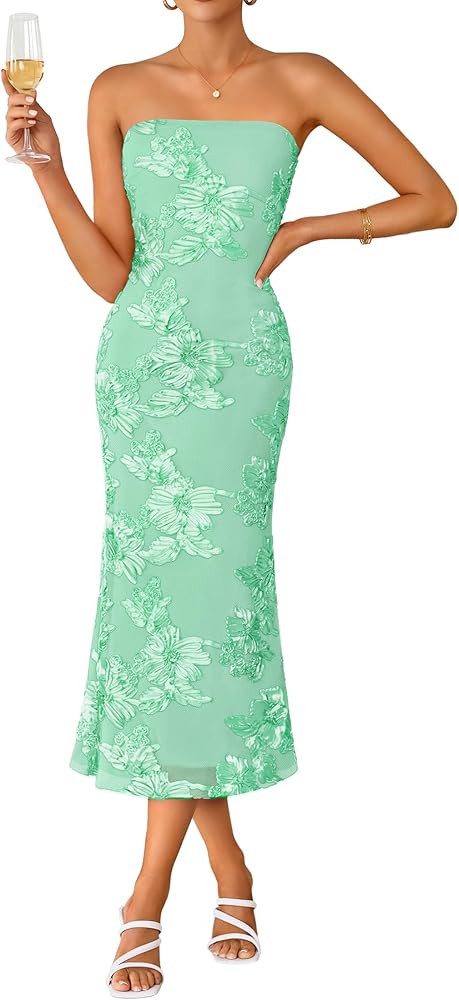 ZESICA Women's Summer Strapless Floral Midi Dress 2026 Bodycon Mesh Tube Wedding Guest Cocktail P... | Amazon (US)