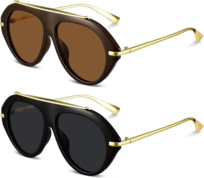 JATEBI 2 Pcs Retro Oversized Aviator Sunglasses for Women Men | Trendy 70s Vintage Metal Thick Su... | Amazon (US)