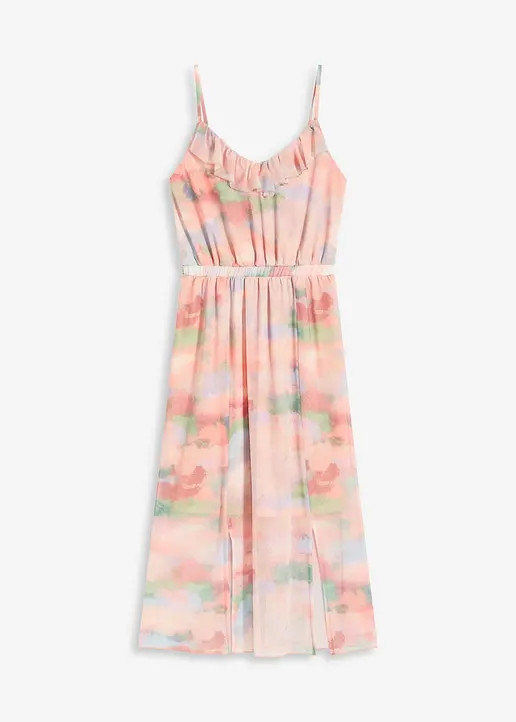 modisch bedrucktes Jerseykleid aus softem Mesh mit verstellbaren Spaghetti-Trägern und Volant vo... | Bonprix DE